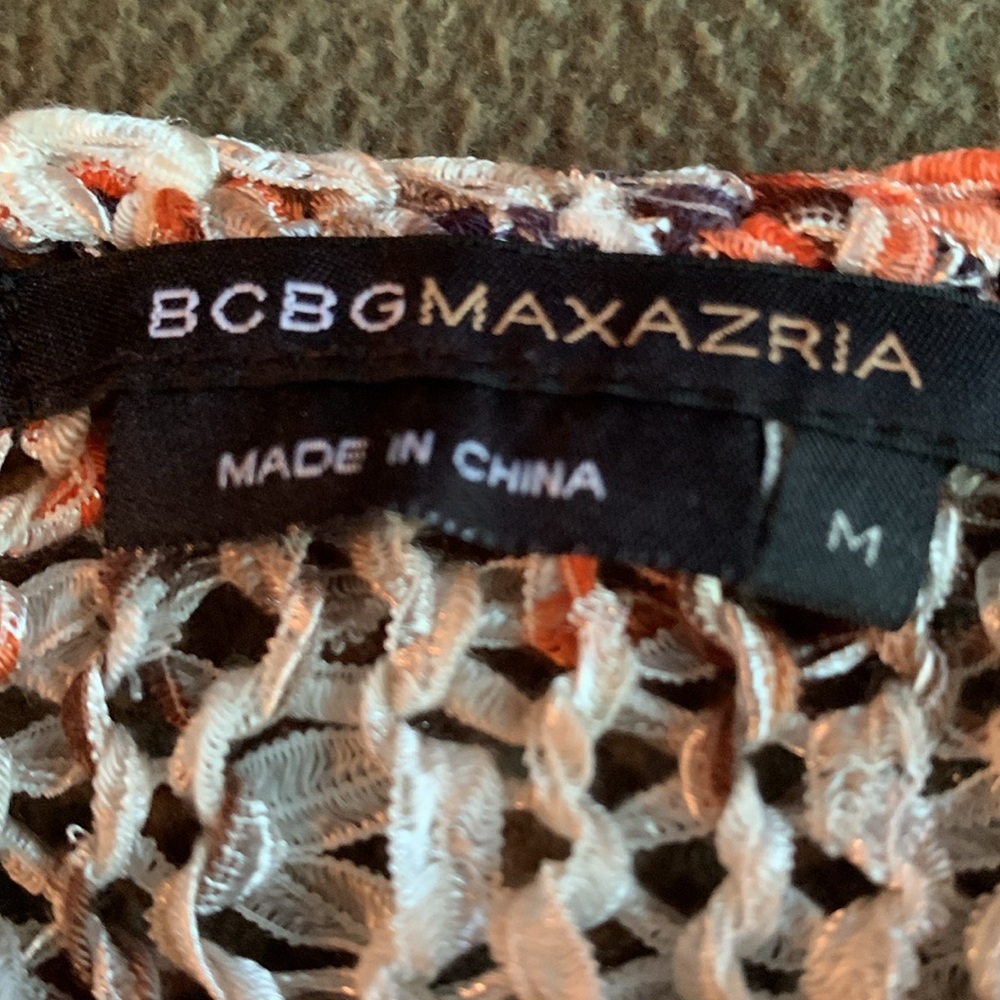BCBG Max Azria open knit, multi colored, fringed short sleeve sweater.  Size M - Picture 2 of 5